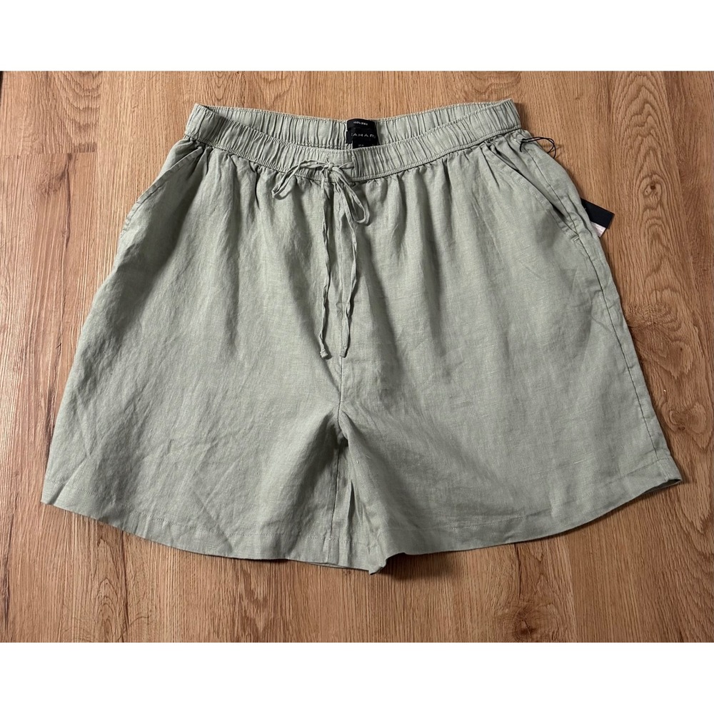 Tahari Women's 100% Linen Drawstring Elastic Waist Shorts Sage Green Size 1X NWT